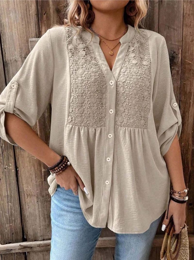 Judith | Relaxed Lace Panel Blouse with Roll-Tab Sleeves