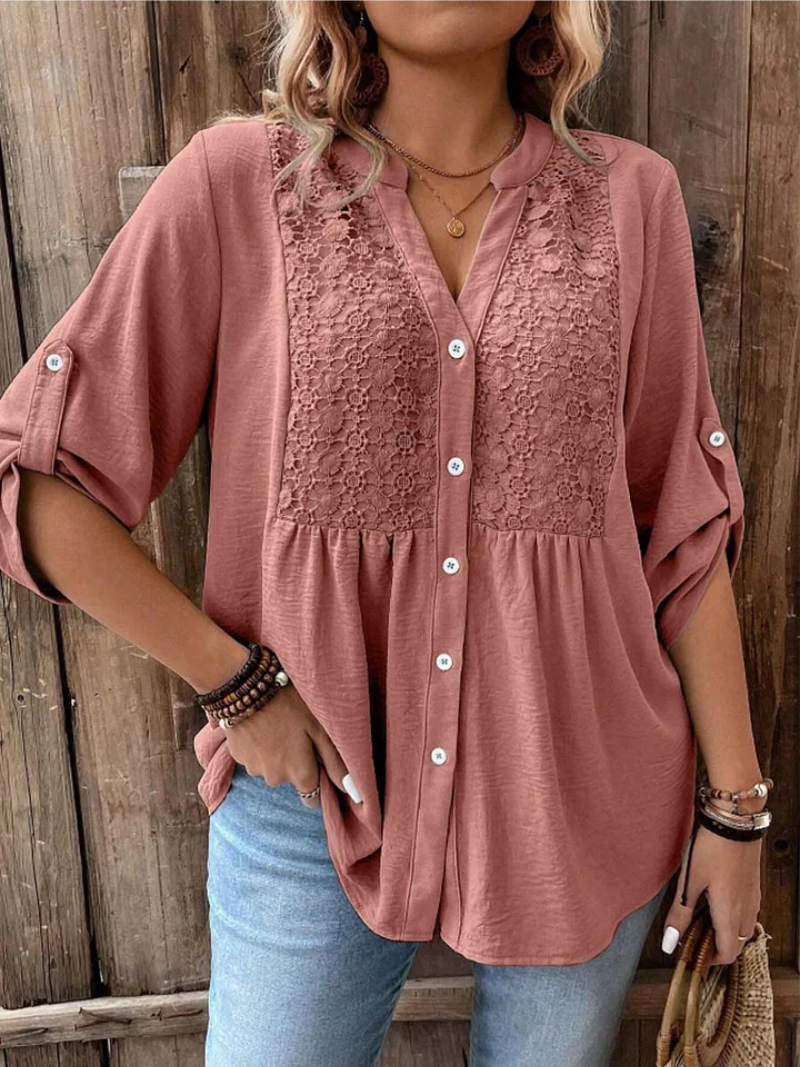 Judith | Relaxed Lace Panel Blouse with Roll-Tab Sleeves