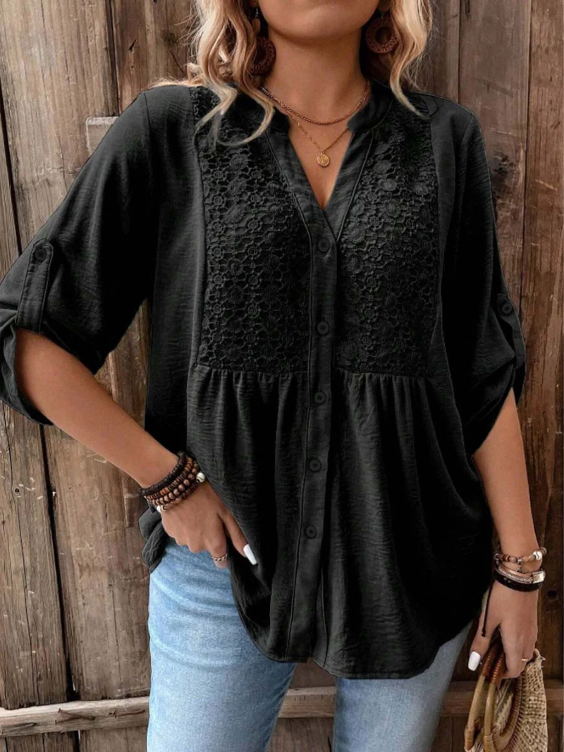 Judith | Relaxed Lace Panel Blouse with Roll-Tab Sleeves