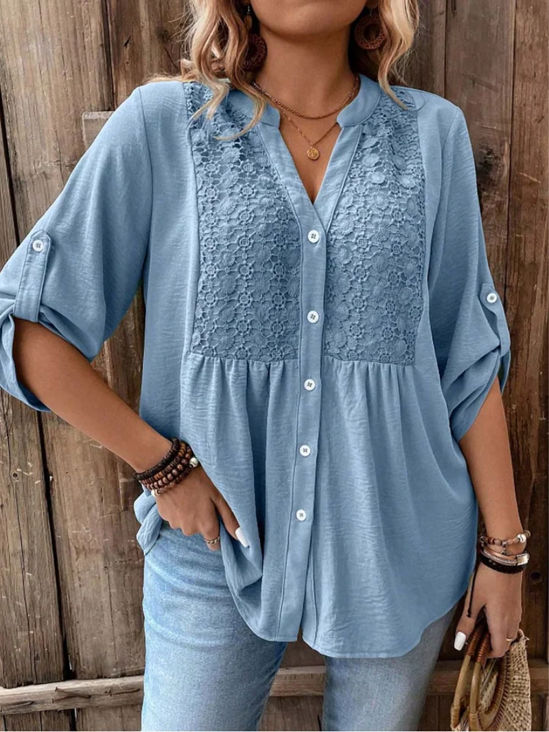 Judith | Relaxed Lace Panel Blouse with Roll-Tab Sleeves