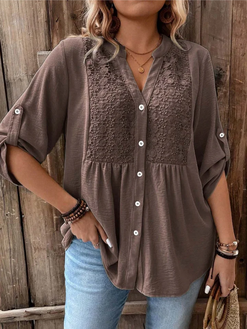 Judith | Relaxed Lace Panel Blouse with Roll-Tab Sleeves
