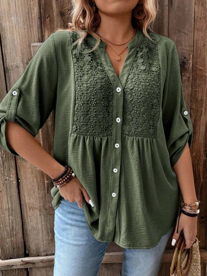 Judith | Relaxed Lace Panel Blouse with Roll-Tab Sleeves