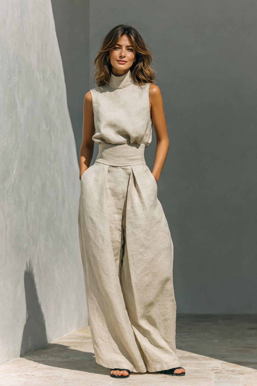 Cecilia | Cotton Linen High-Neck & Wide-Leg Trouser Set