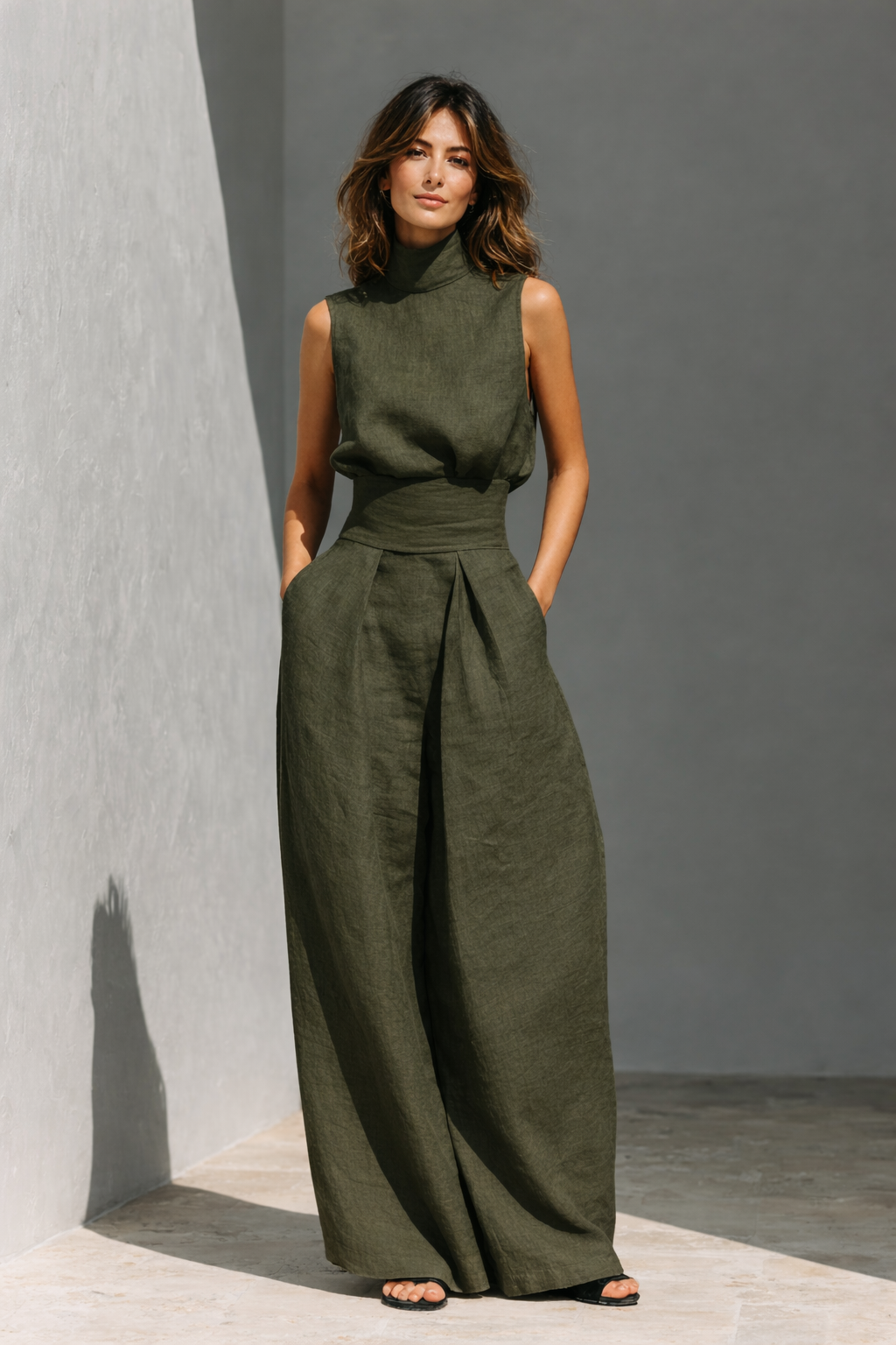 Cecilia | Cotton Linen High-Neck & Wide-Leg Trouser Set