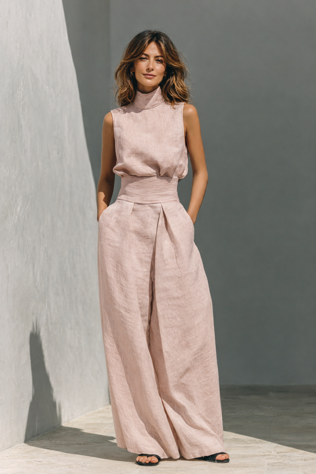 Cecilia | Cotton Linen High-Neck & Wide-Leg Trouser Set