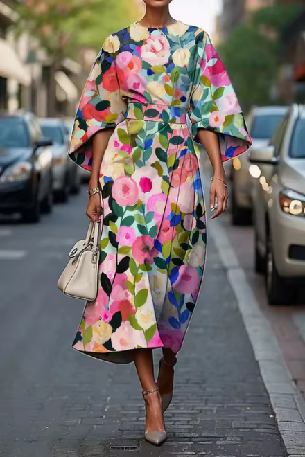 Loretta | Botanical Print Cape Sleeve Midi Dress