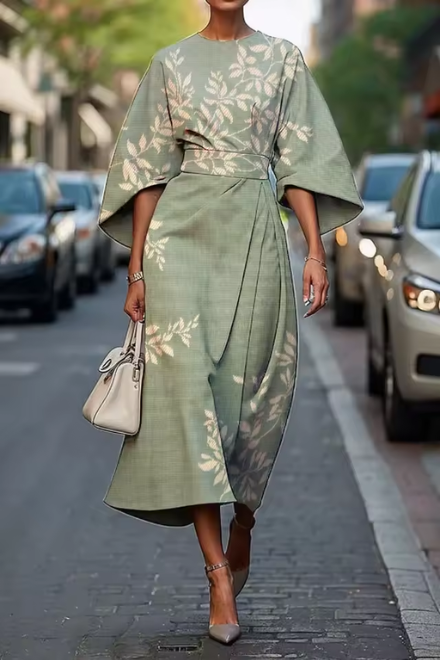 Loretta | Botanical Print Cape Sleeve Midi Dress