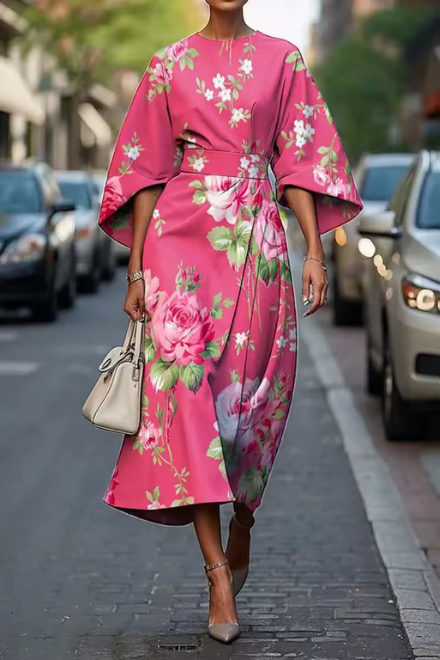 Loretta | Botanical Print Cape Sleeve Midi Dress