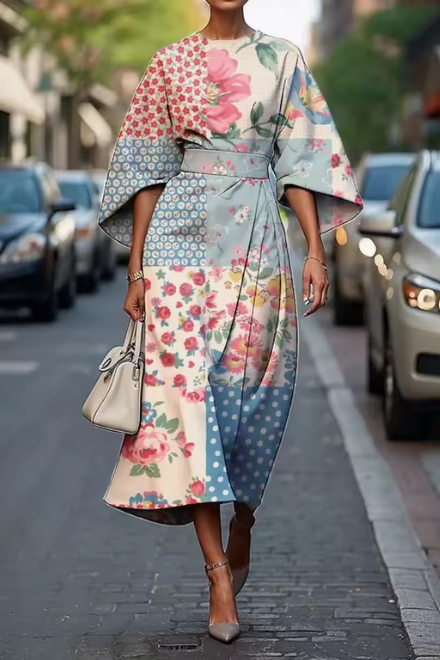 Loretta | Botanical Print Cape Sleeve Midi Dress