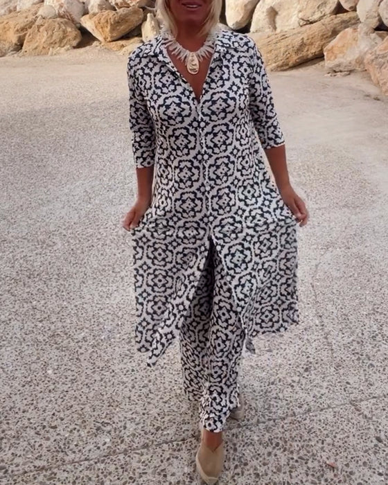Sheila | Geometric Print Longline Shirt & Trouser Co-ord Set