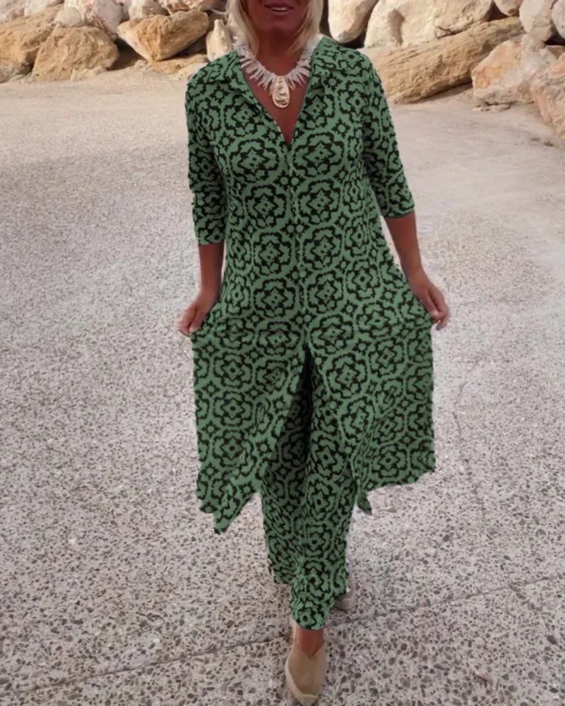 Sheila | Geometric Print Longline Shirt & Trouser Co-ord Set