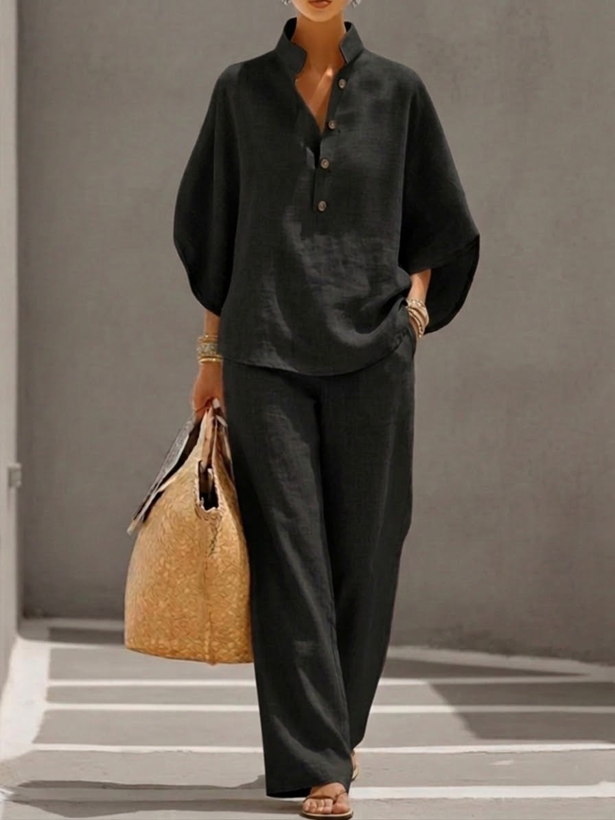 Ivy | Cotton Linen Batwing & Wide-Leg Trouser Set