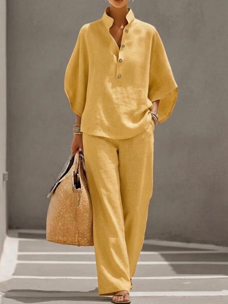 Ivy | Cotton Linen Batwing & Wide-Leg Trouser Set