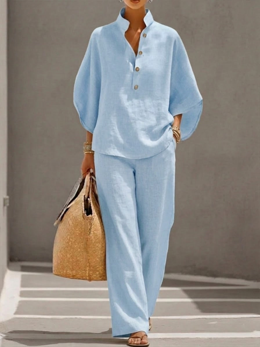 Ivy | Cotton Linen Batwing & Wide-Leg Trouser Set