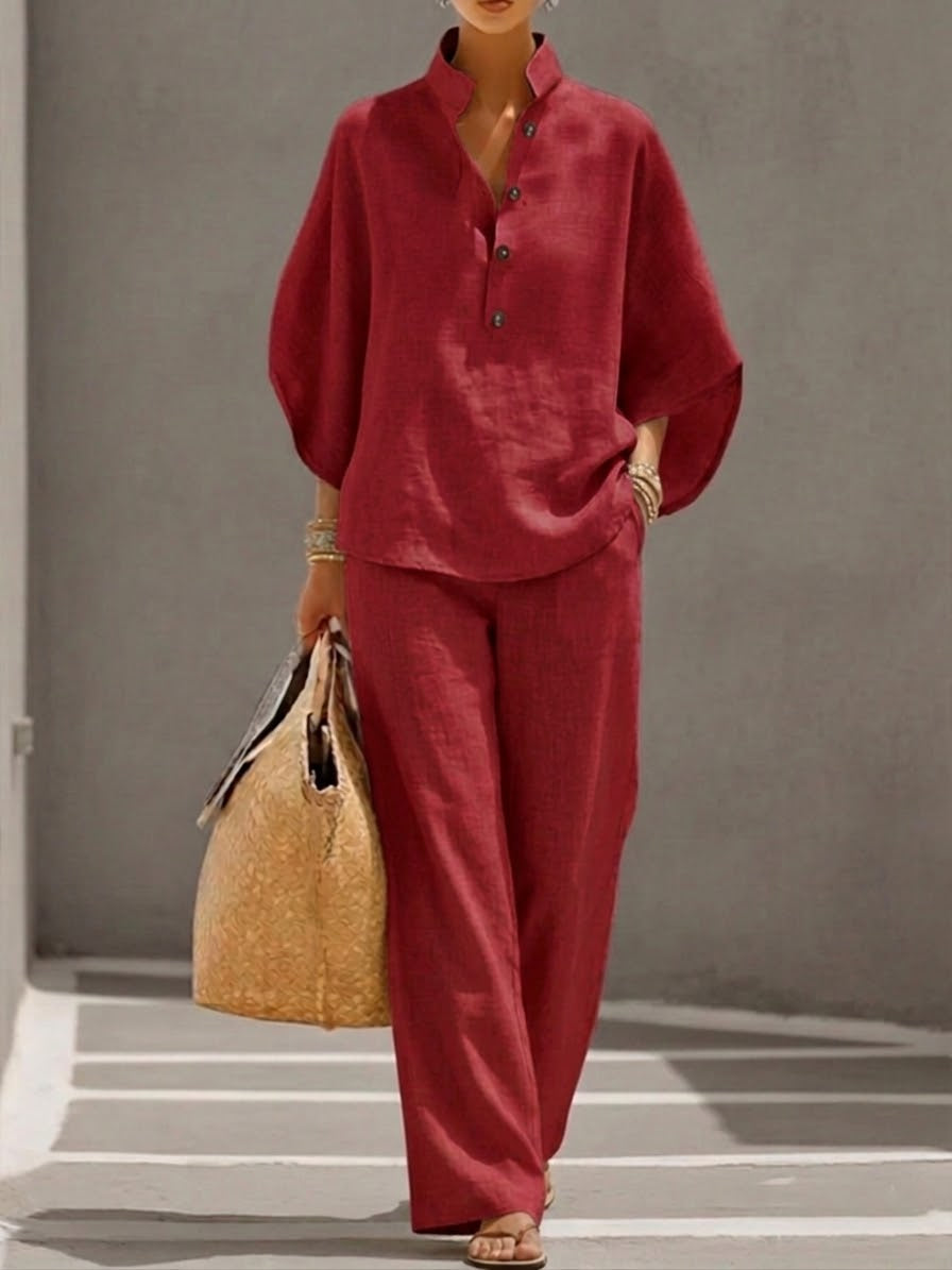 Ivy | Cotton Linen Batwing & Wide-Leg Trouser Set