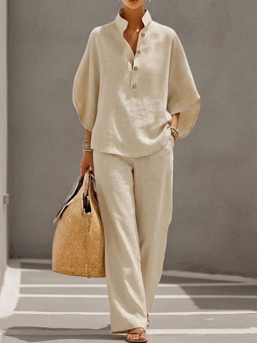 Ivy | Cotton Linen Batwing & Wide-Leg Trouser Set