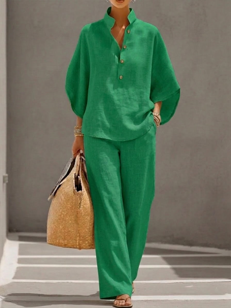 Ivy | Cotton Linen Batwing & Wide-Leg Trouser Set